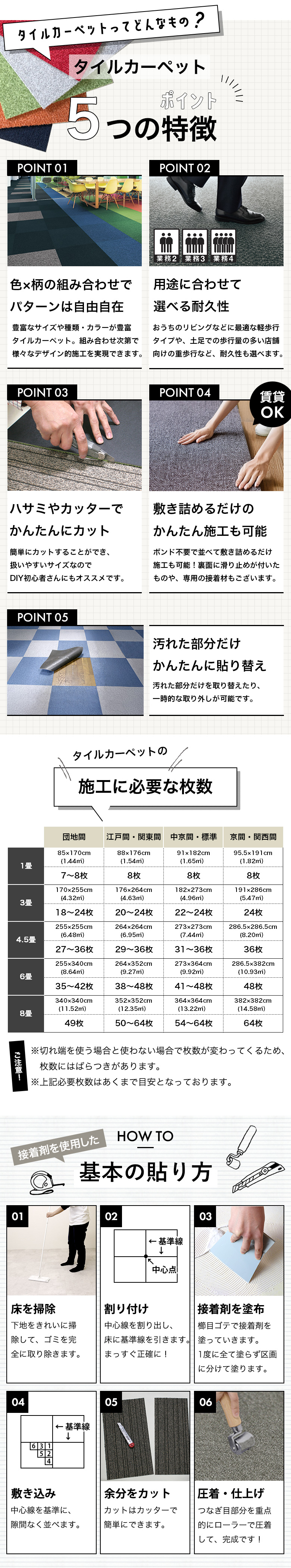 タイルカーペット 5つの特徴｜施工に必要な枚数（50cm×50cm）｜タイルカーペットの施工方法