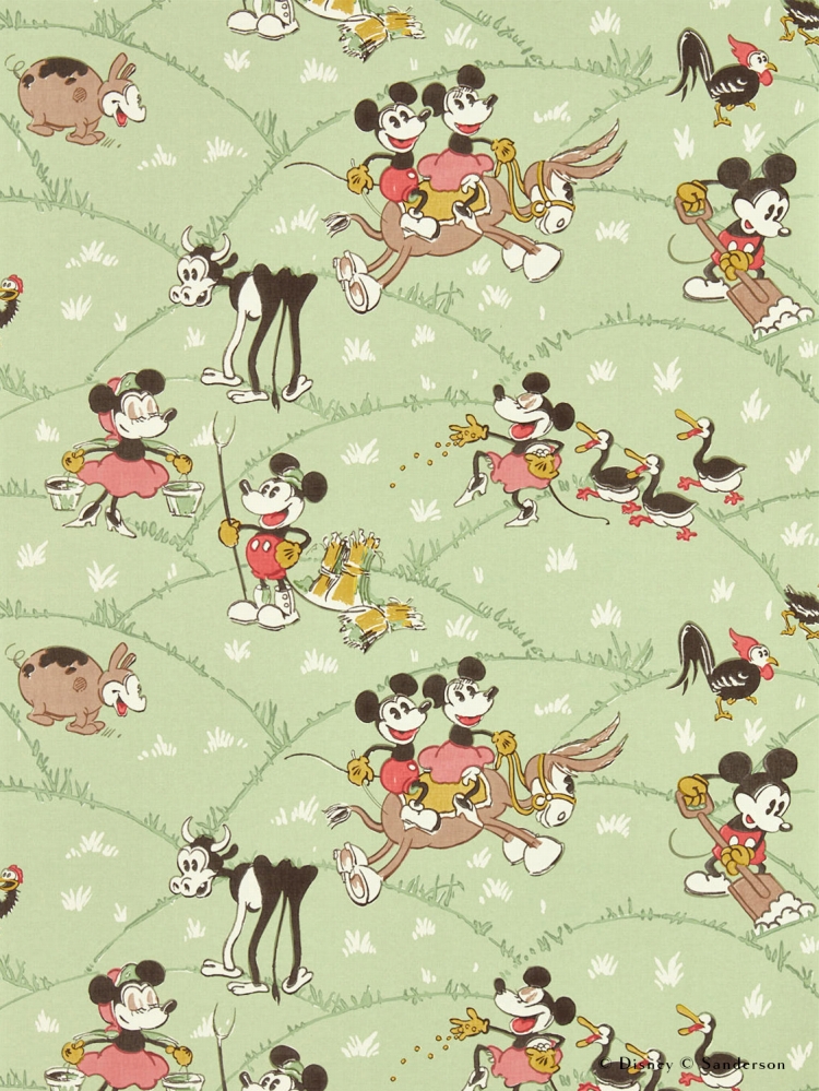 壁紙 ミッキーマウス ミニーマウス 壁紙の上から貼る壁紙 Disney HOME x Sanderson MICKEY AT THE FARM MACARON GREEN 217266 ディズニー創立100周年｜kabegamiya-honpo