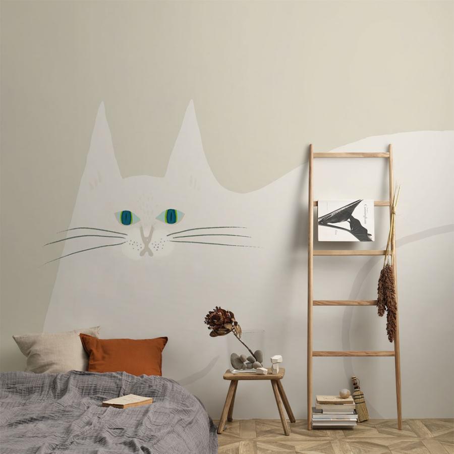貼ってはがせる 壁紙 となりのへやはどんなへや？ ねこの壁紙 3パネルセット（巾144cm×280cm）絵本 イラスト 白猫｜kabegamiya-honpo｜05