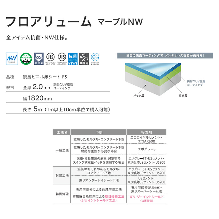 (法人・個人事業主様は送料無料) 長尺シート 東リ フロアリュームマーブルNW 2mm厚 20FL1501〜20FL1517｜kabegamiyasan｜21