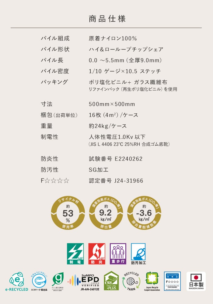 川島織物セルコン タイルカーペット コアフロア 500×500mm 全厚9.0mm