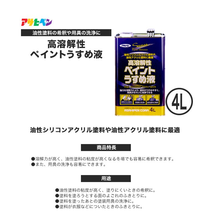 ➃未使用.未開封  ペイントうすめ液　4リットル　合成樹脂塗料用シンナー　製造元アサヒペン アサヒペン 塗料 合成樹脂塗料用シンナー 高溶解性ペイントうすめ液 4L