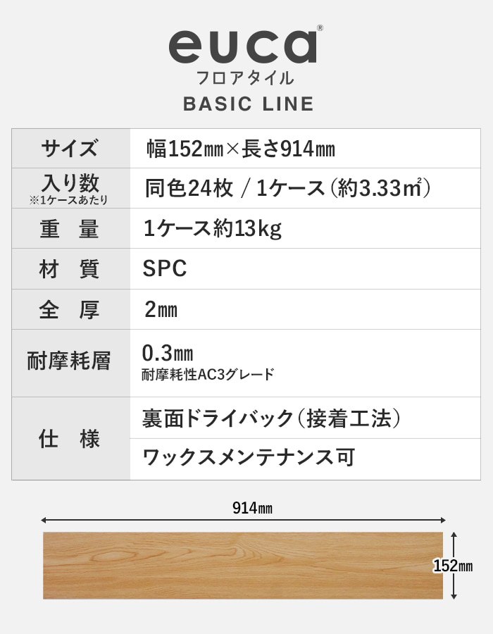 RESTA フロアタイル euca ベーシックライン 2.0mm厚 152mm×914mm 24枚 