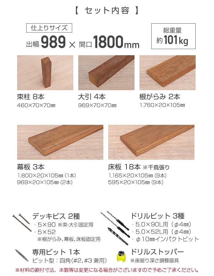 ウッドデッキ材 ウリン ウッドデッキ 施工キット DIY セット 989×1800