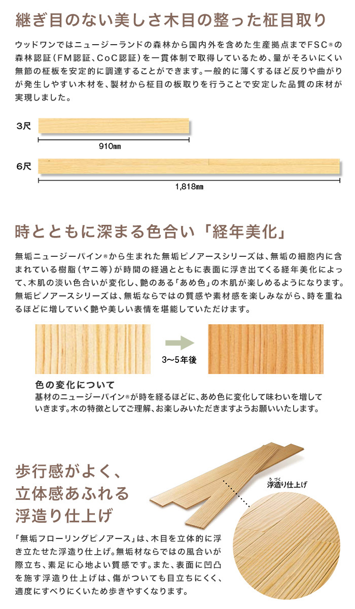 フローリング材 無垢フローリング ウッドワン ピノアースうづくり レギュラー塗装 6尺 幅106mm 1坪｜kabegamiyasan｜09