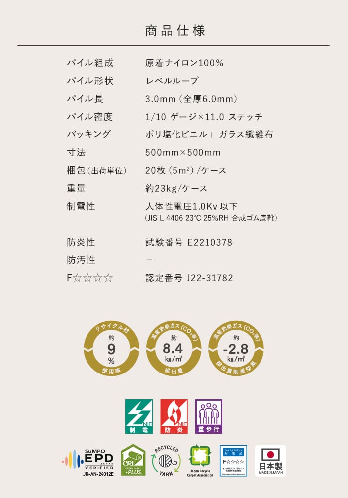 川島織物セルコン タイルカーペット シマアラレ ストレート 500mm角 全