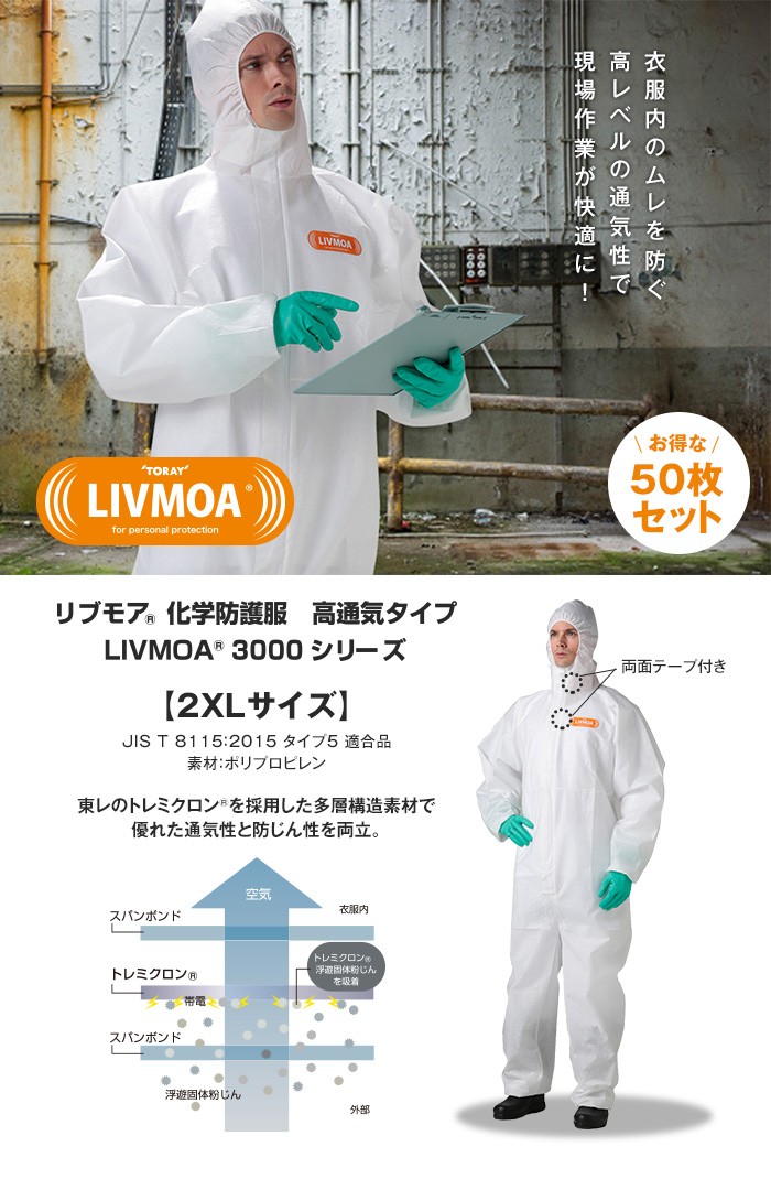 東レ 高通気タイプ化学防護服 リブモア(LIVMOA3000) 2XLサイズ お得な