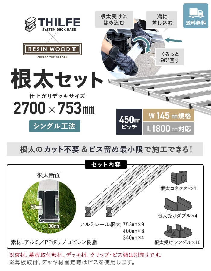 RESTA ウッドデッキ 部材 シングル工法 RESINWOODII 450ピッチ W145