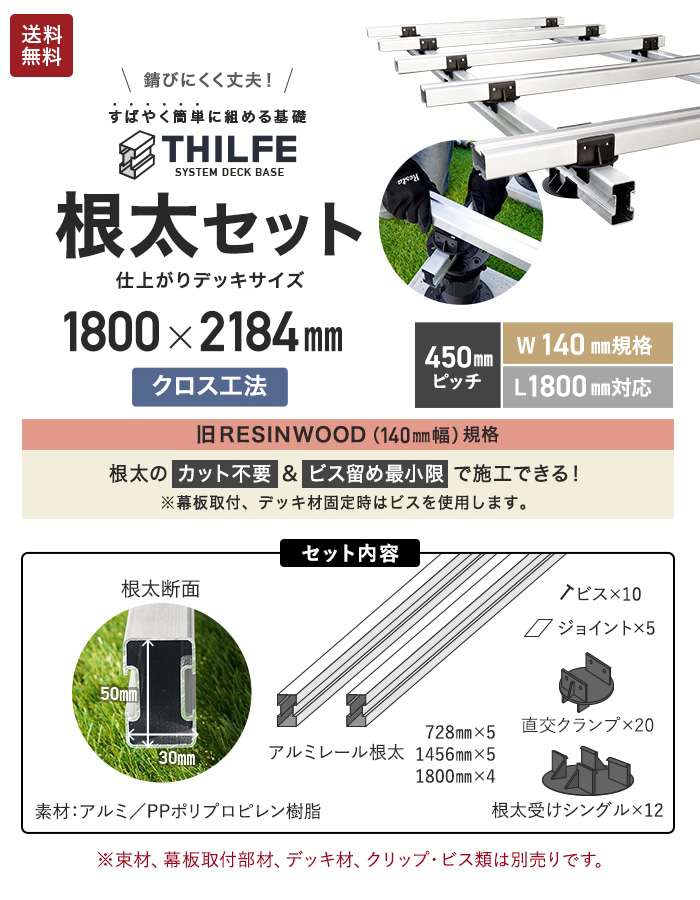 ウッドデッキ 部材 クロス工法 450ピッチ W140規格 L1800対応 THILFE 根太セット 1800×2184mm