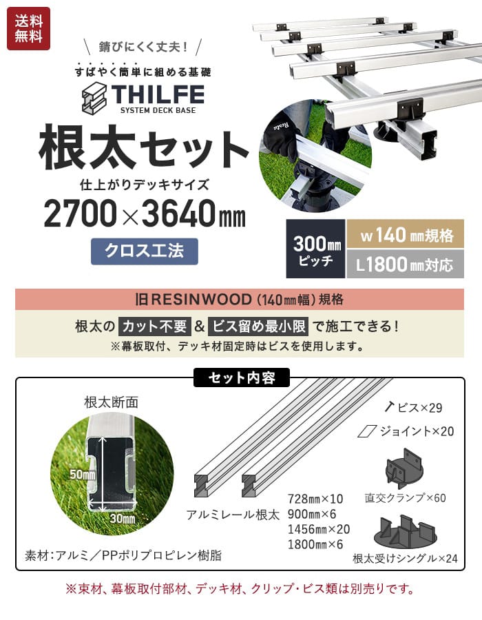 ウッドデッキ 部材 クロス工法  旧RESINWOOD 300ピッチ W140規格 L1800対応  THILFE 根太セット 2700×3640mmの画像