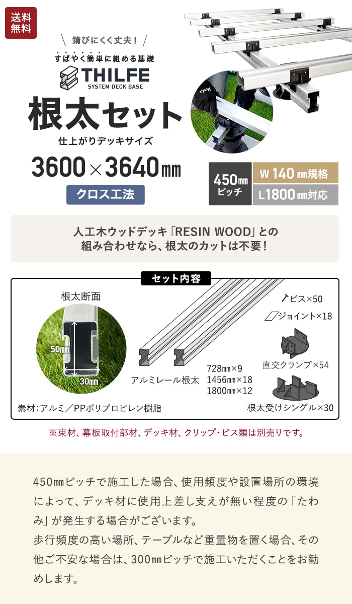 2021新作】【2021新作】ウッドデッキ 部材 クロス工法 THILFE 根太セット 3600×3640mm デッキ、ウッドデッキ 