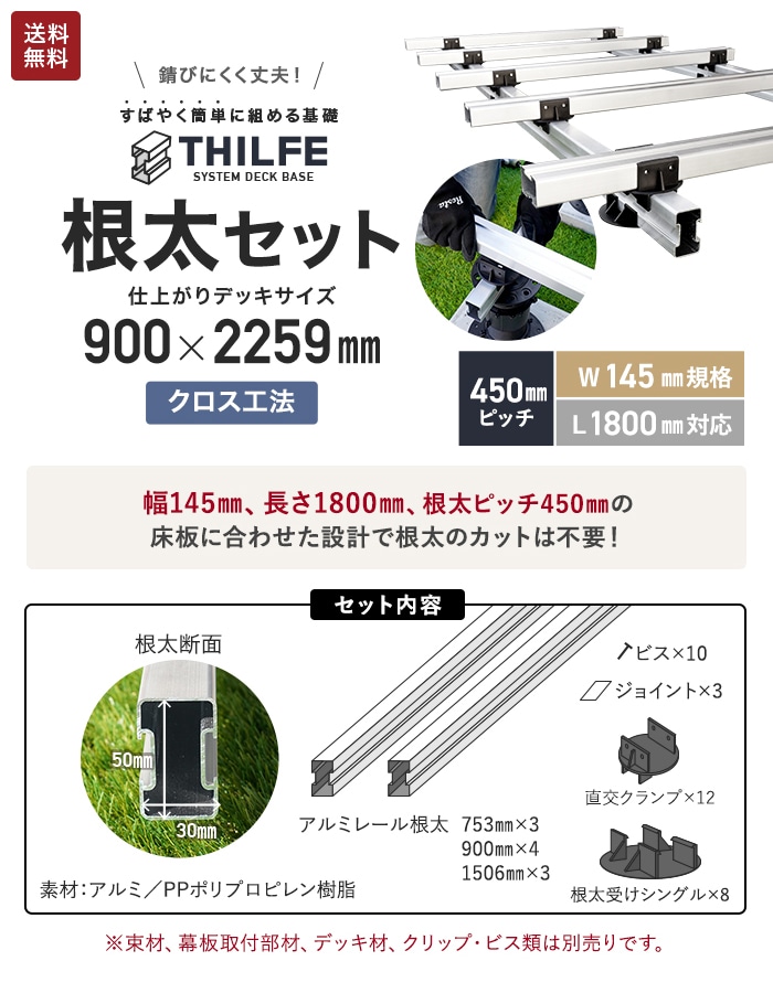 ウッドデッキ 部材 クロス工法  450ピッチ W145規格 L1800対応  THILFE 根太セット 900×2259mm｜kabegamiyasan｜02