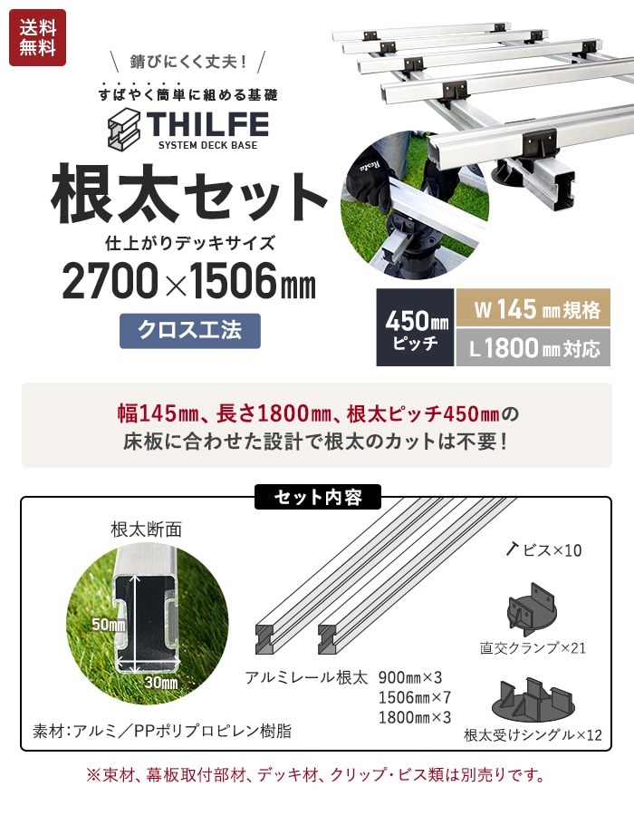 ウッドデッキ 部材 クロス工法  450ピッチ W145規格 L1800対応  THILFE 根太セット 2700×1506mm｜kabegamiyasan｜02