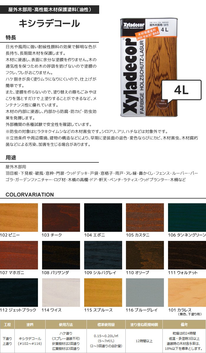 塗料 屋外木部用・高性能木材保護塗料（油性） キシラデコール 4L : livos0035 : DIYSHOP RESTA Yahoo!店 - 通販  - Yahoo!ショッピング