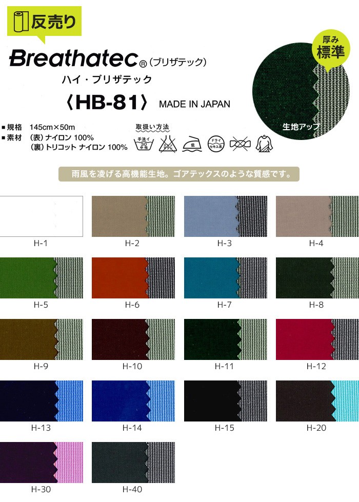 生地 布生地 防水・撥水・透湿 ハイ・ブリザテック 145cm巾 N100％ (50m/反) HB-81