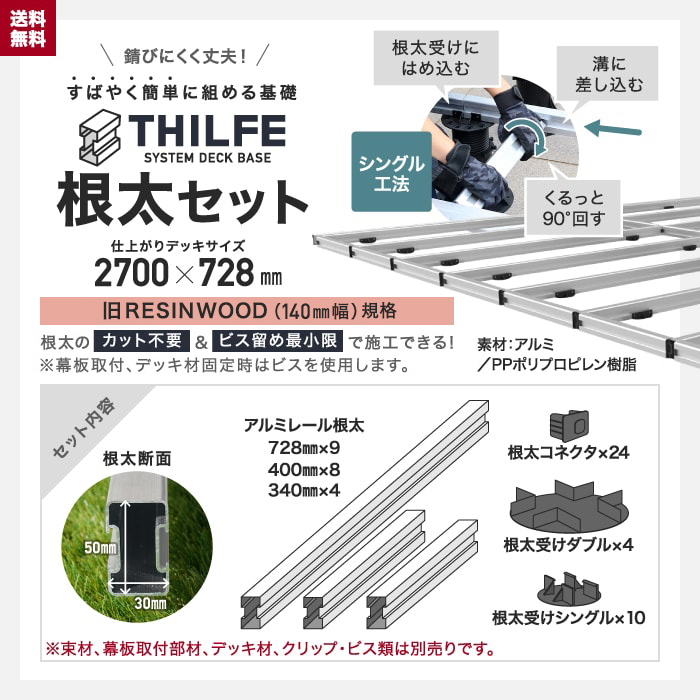 ウッドデッキ 部材 シングル工法 THILFE 根太セット 2700×728mm : wdb