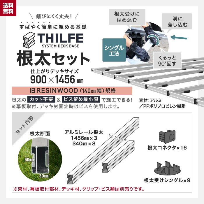 ウッドデッキ 部材 シングル工法 THILFE 根太セット 900×1456mm｜kabegamiyasan｜02