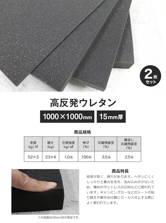 ウレタン スポンジ 高反発ウレタン 15mm厚 1000×1000mm 2枚セット