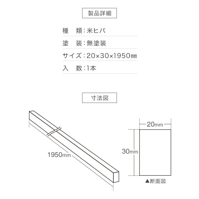 羽目板 壁用見切り 12mm用 米ヒバ 溝加工なし 20mm×30mm×1950mm｜kabegamiyasan｜03