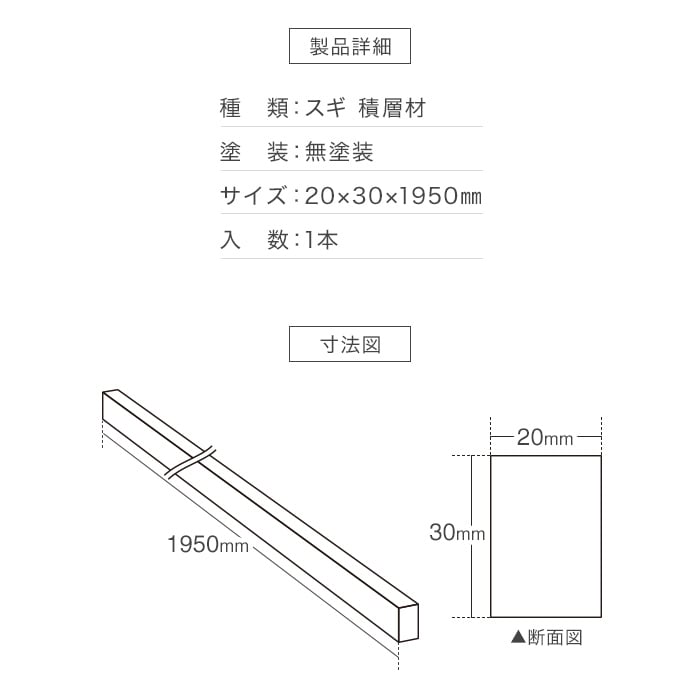 羽目板 壁用見切り 12mm用 杉 スギ 積層材 溝加工なし 20mm×30mm×1950mm｜kabegamiyasan｜03