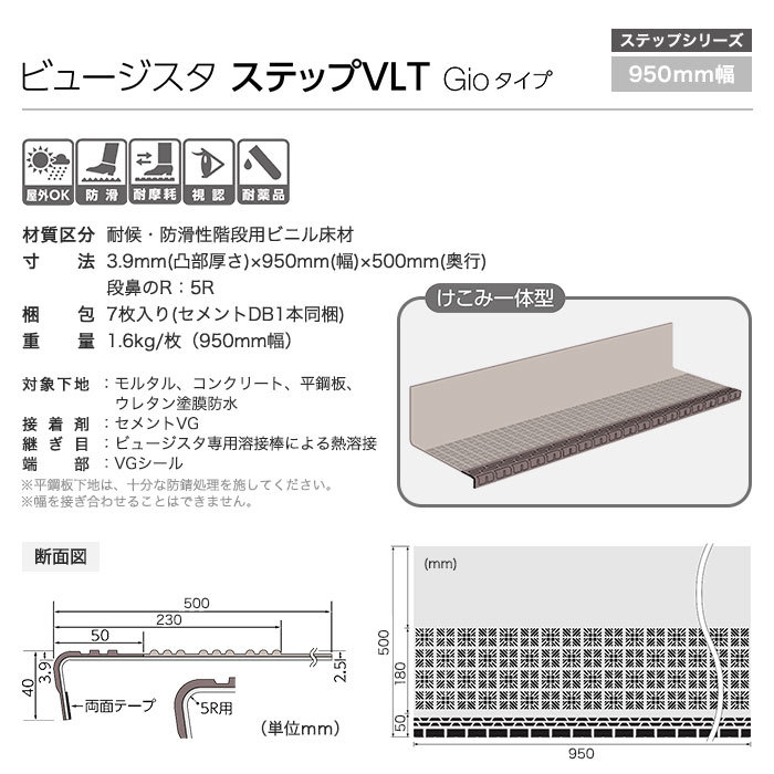 (法人・個人事業主様は送料無料) ノンスリップシート タジマ 階段用 ビュージスタ ステップVLT ジオタイプ けこみ一体型 950mm巾