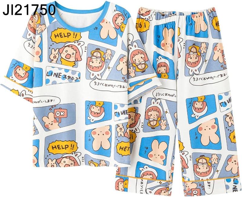 レディース パジャマ マンガ柄 Tシャツ 部屋着 夏用 綿 半袖 七分丈パンツ 上下セット 丸首 tシャツ 涼しい 薄手 通気 吸湿 旅行｜kaerundesu｜02