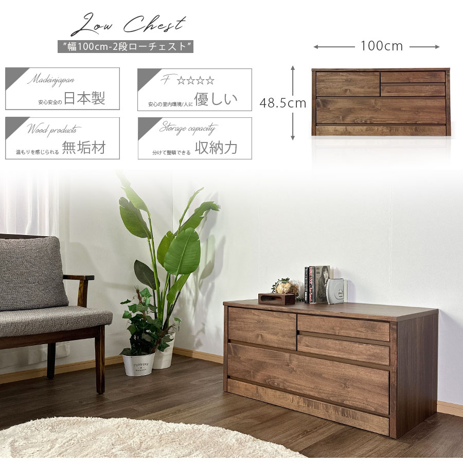 チェスト タンス 箪笥 ローチェスト 100幅 幅100cm 2段 整理たんす