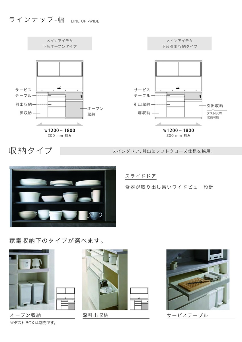 パモウナ キッチンボード 幅120cm 奥行45cm 家電収納 引き戸 食器棚 高