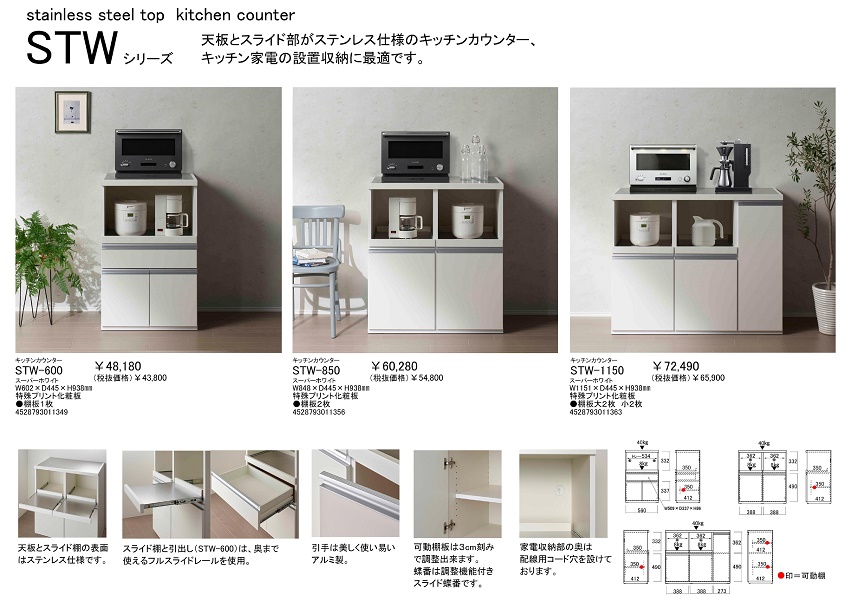 キッチン カウンター STW-600 ステンレストップ 完成品 フナモコ 幅