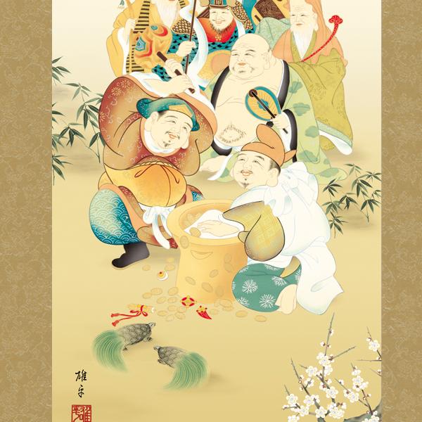 西陣織掛け軸 七福神 西陣織「招福千寿文」織物 細密刺繍 共箱 七福神