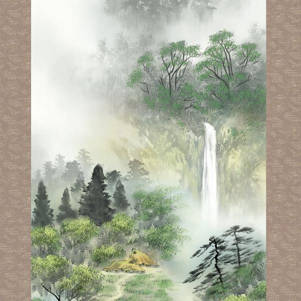 掛け軸　風景画 掛け軸 山水画 年中掛け 彩色山水 秀麗名瀧 尺三 伊藤渓山 四季