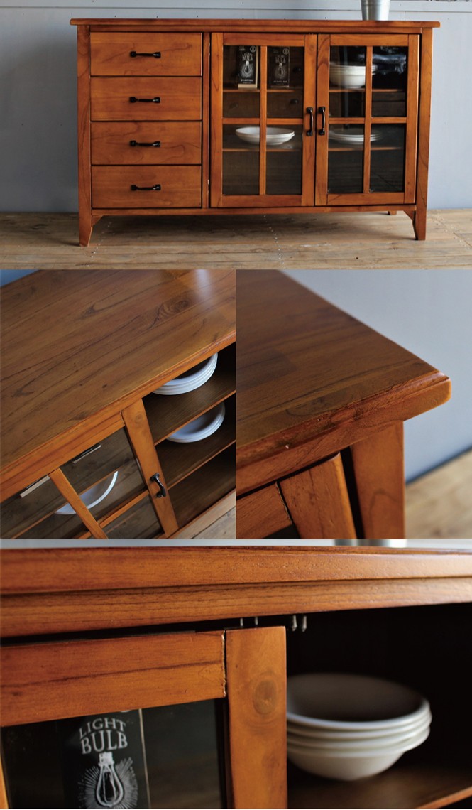 キャビネット 無垢 120 ガラス棚 リビング収納 サイドボード リビング