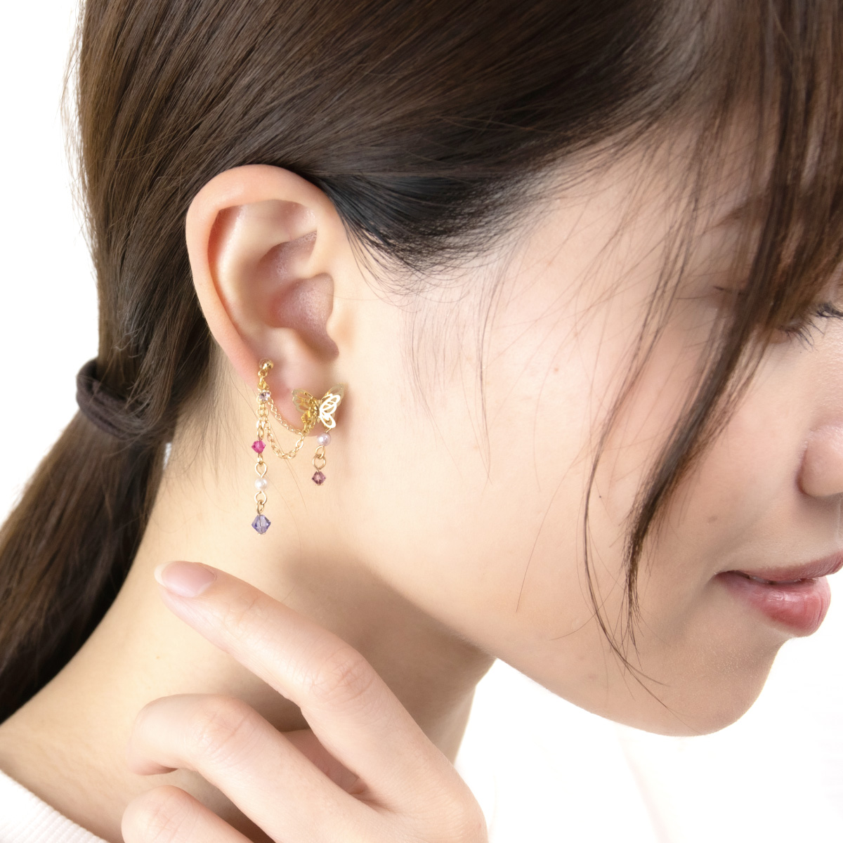 スワロフスキー LT.ローズ ハート 天然石ピアス | 💎 天然石