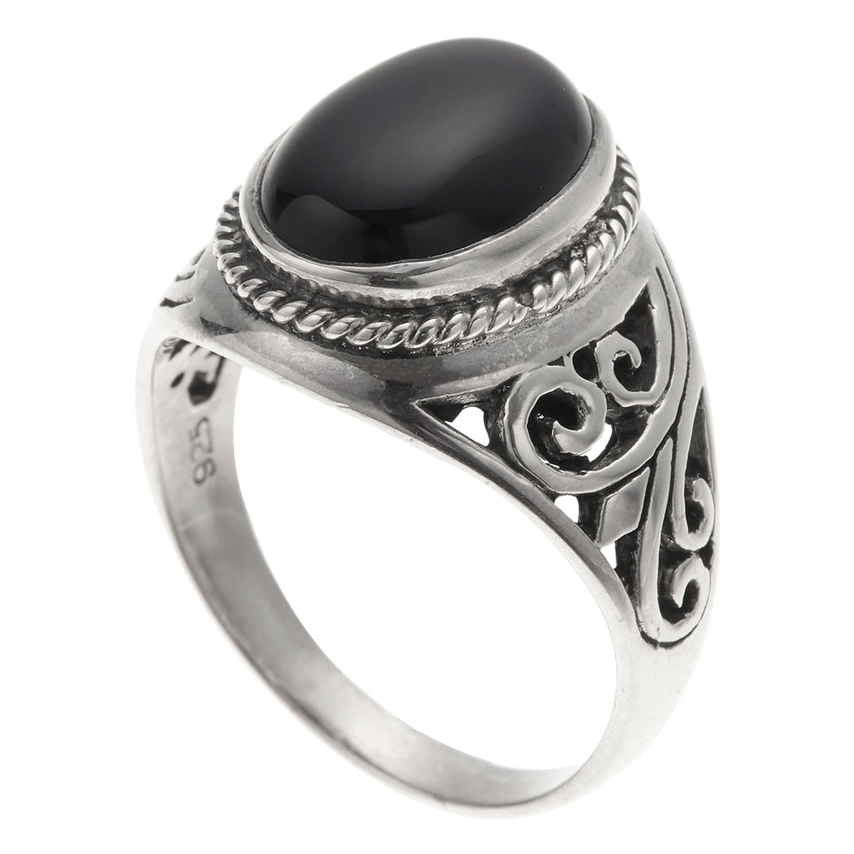 リング シルバー925 天然石 オニキス アラベスク 燻し加工 透かし彫り