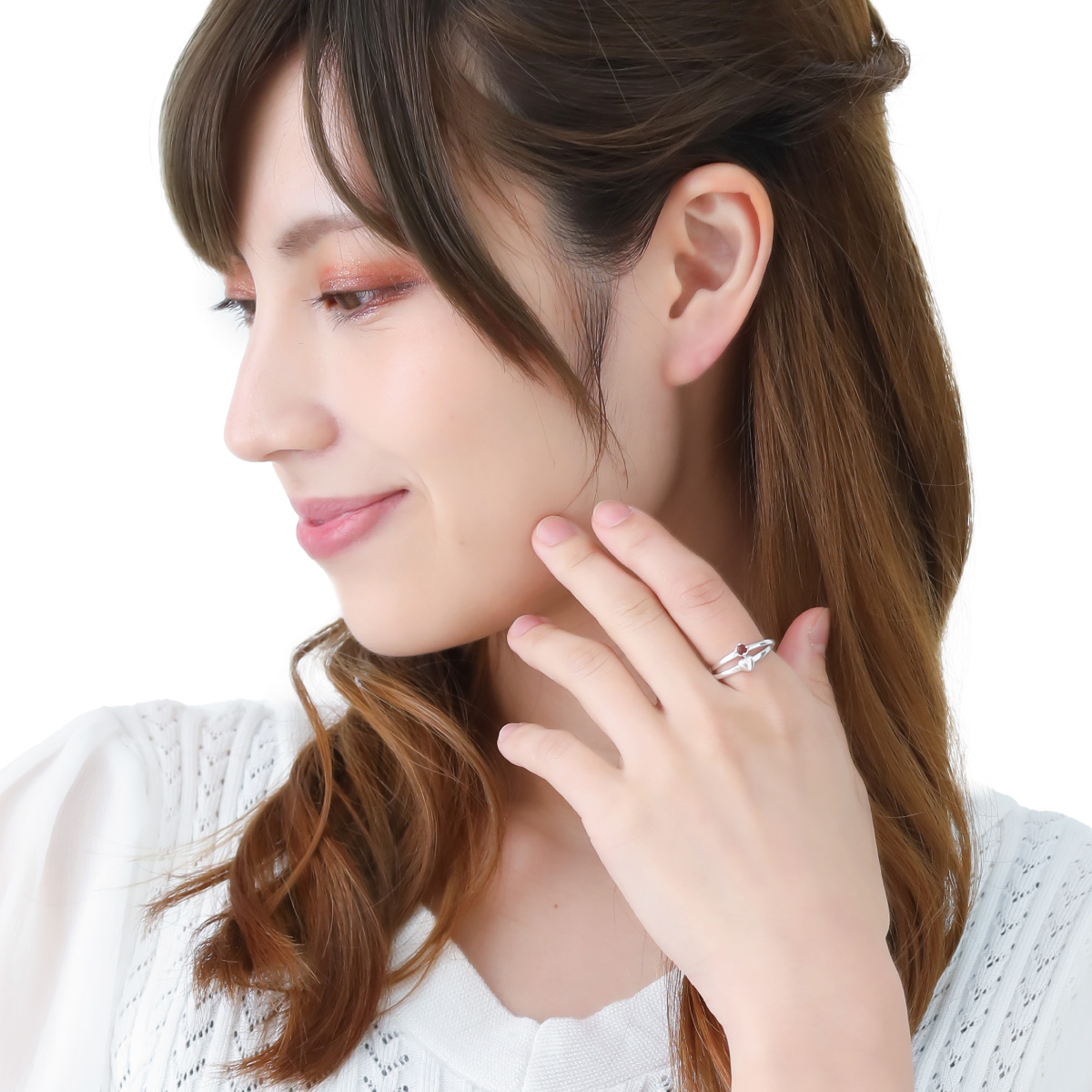 リング レディース シルバー925 天然石 ガーネット ハート 重ねづけ風