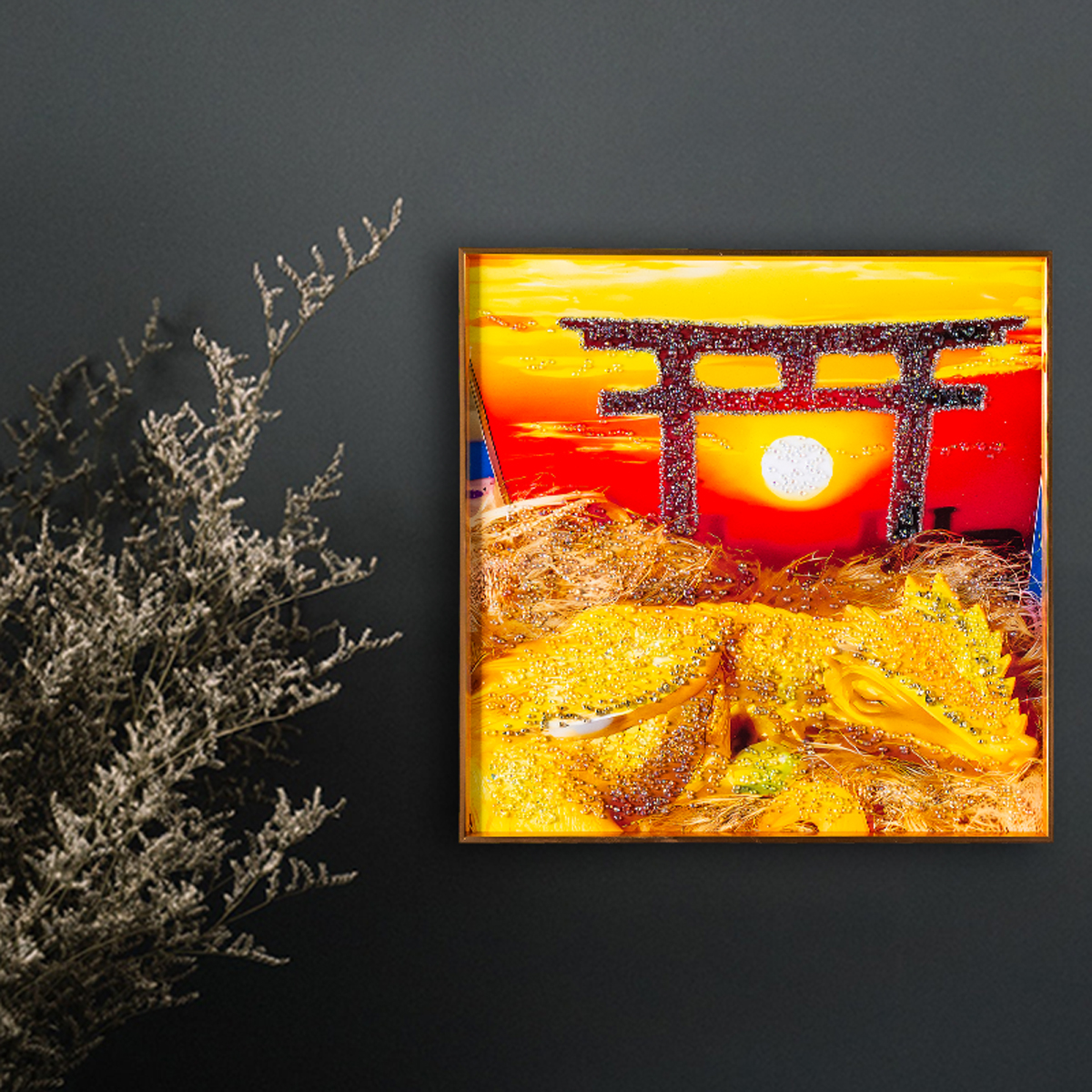 水晶パネル アートパネル 50×50cm 開運画 金フレーム付き 鳥居 龍 竜