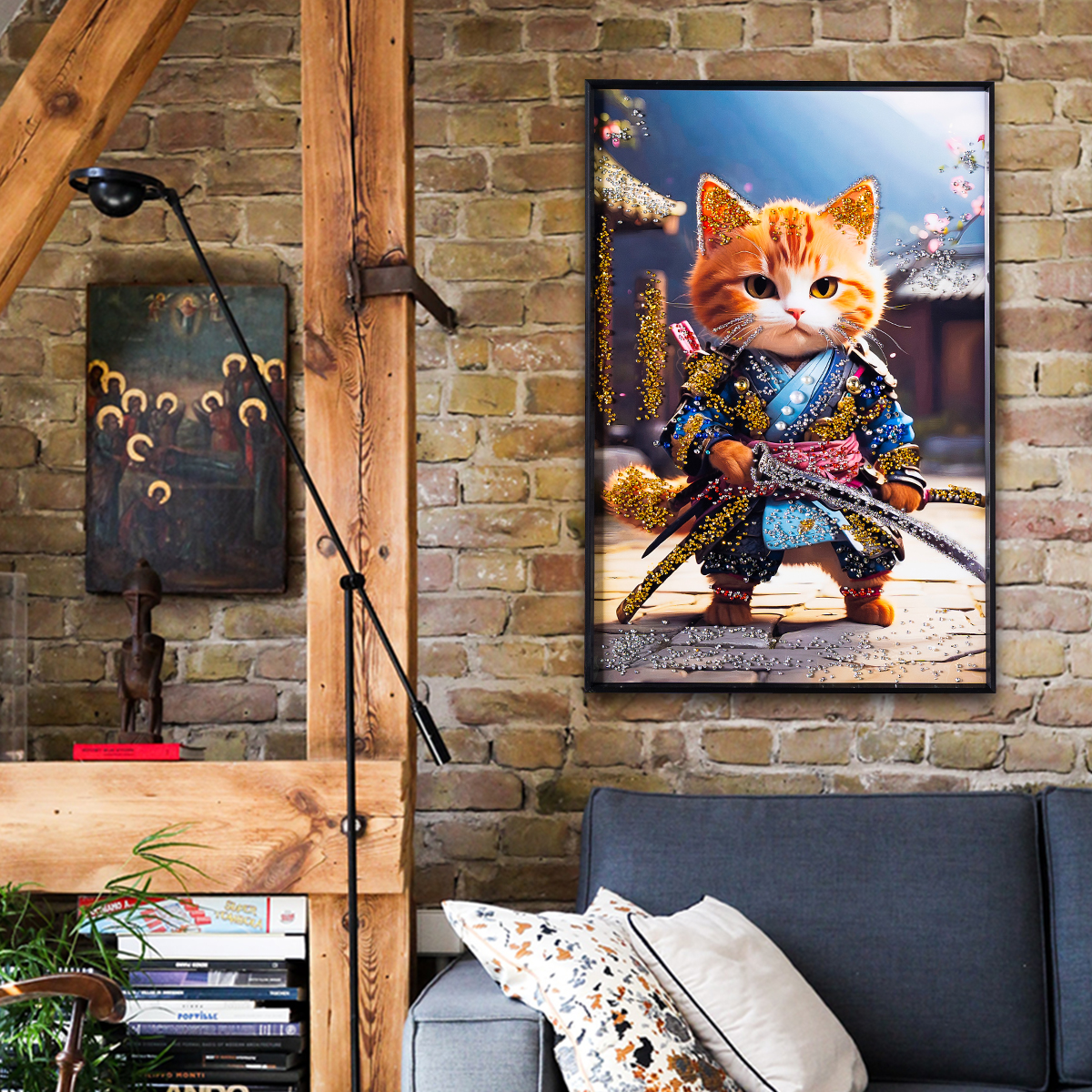 水晶パネル アートパネル 40×60cm 60×40cm 猫 ねこ 侍 黒フレーム付き
