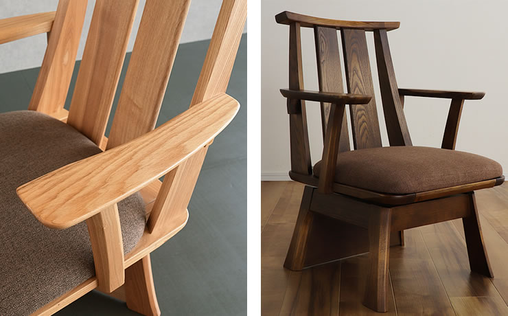 主材にはタモ材を使用しており、天然木の風合いを楽しめるダイニングチェア