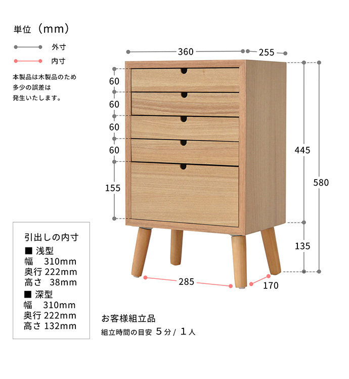 チェスト タンス 収納 収納家具 棚 木製 完成品 おしゃれ 幅36cm 5段