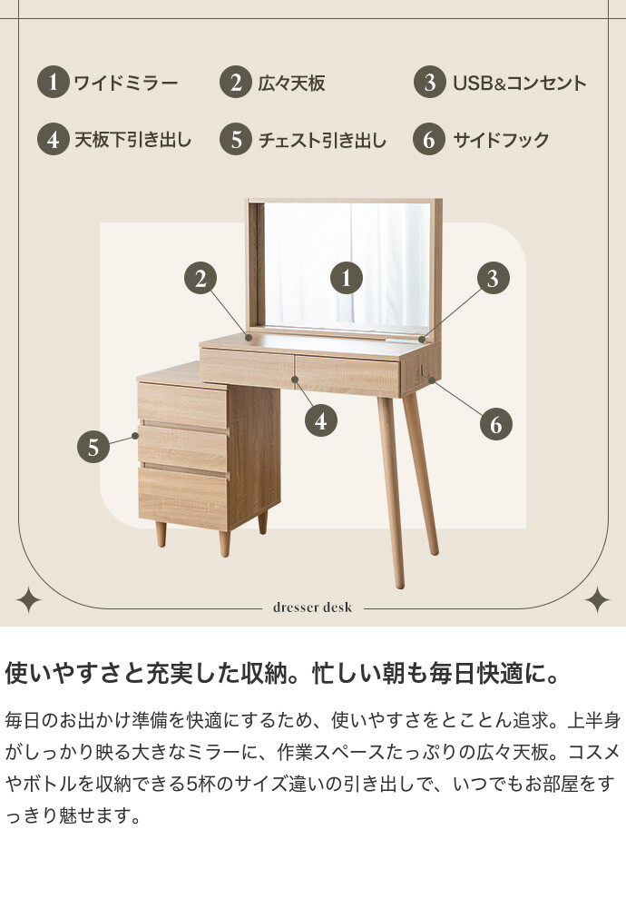 ドレッサー コンパクト デスク 鏡台 テーブル 化粧台 化粧机 メイク台