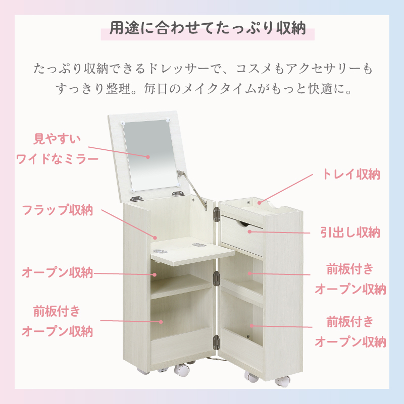 コスメボックス 大容量 キャスター付き 鏡付き オープン コンパクト ドレッサー 白 ホワイト 収納 ワゴン 木製 大容量収納 工具不要 サイドテーブル メイク