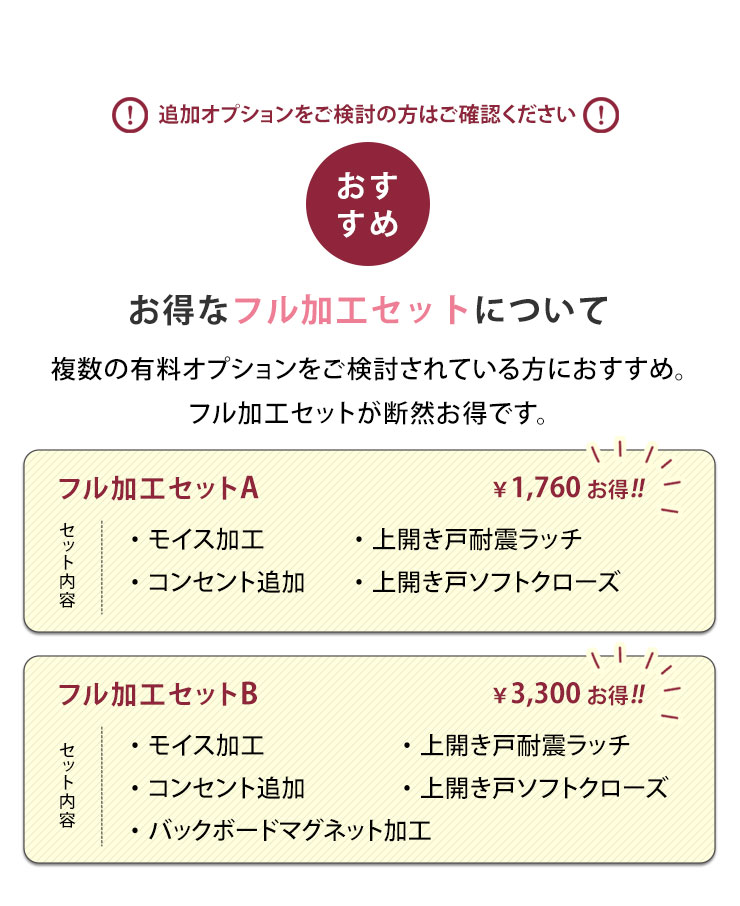 お得なフル加工セット モイス加工 耐震ラッチ コンセント追加