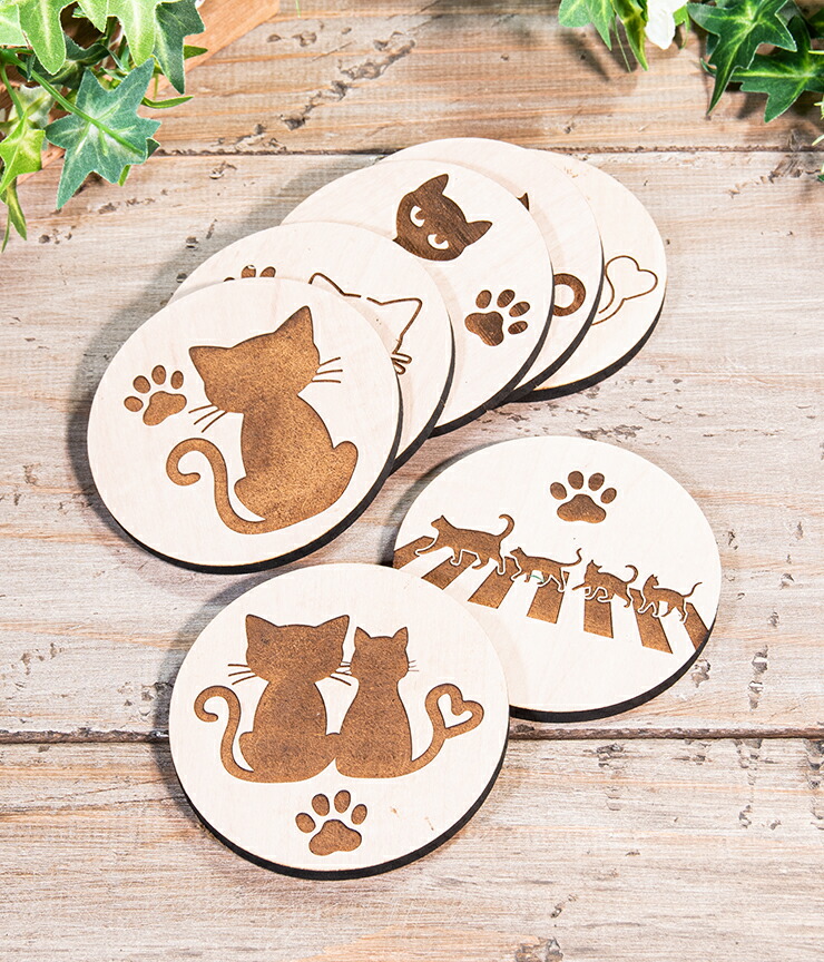 コースター 4枚セット 木製 7種から選べるデザイン 猫 ネコ 約
