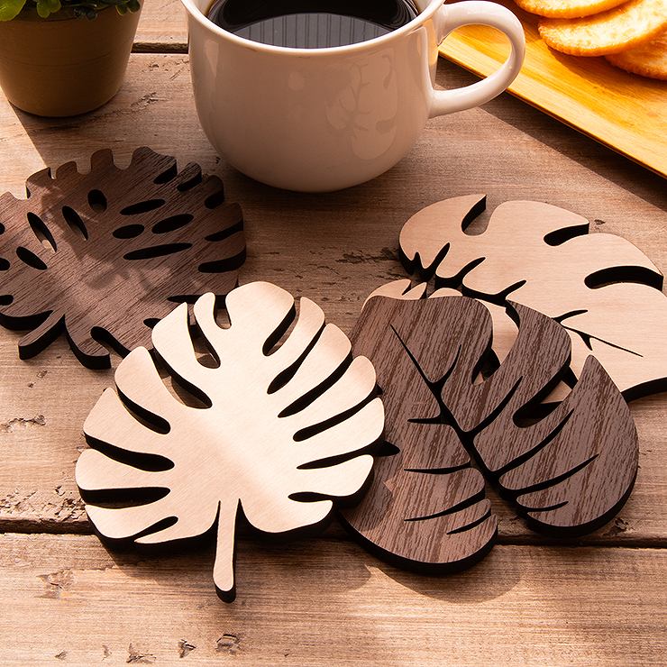 コースター 4枚セット 木製 6種から選べる デザイン 葉っぱ形 アジアン