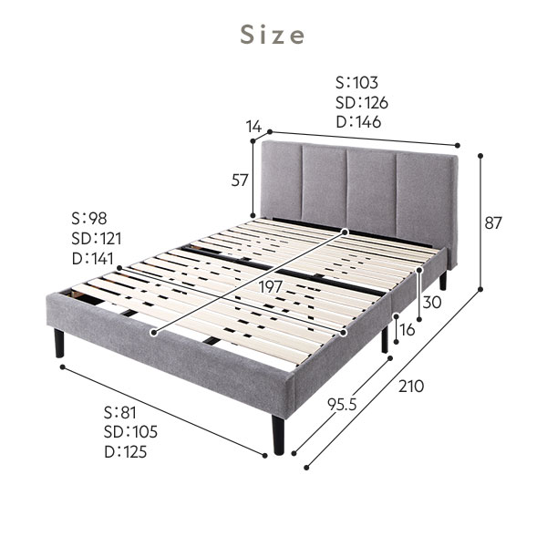 ベッド ダブル ベッドフレームのみ グレー 布張り 脚付き すのこベッド