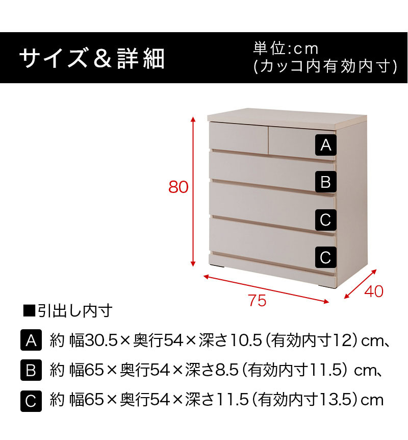 日本製 クローゼットチェスト 完成品 4段 幅75 奥行40 チェスト 白 