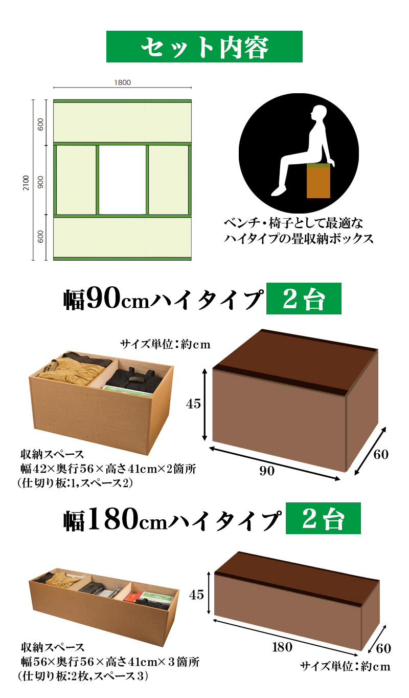 畳収納セット 深型 180x210 幅180 2台 幅90 掘りごたつ PP樹脂製畳 畳