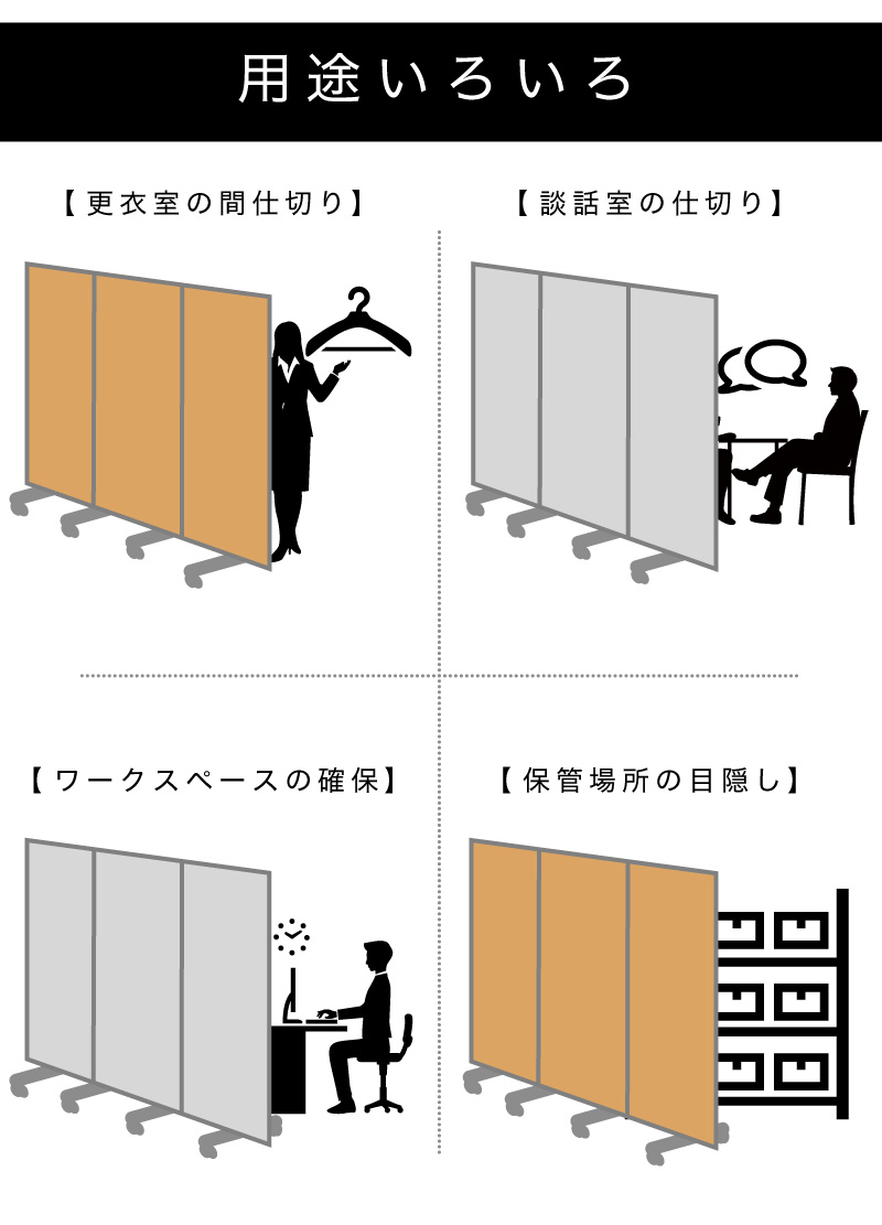 業務用 キャスター付き 4連 パーテーション 仕切 幅240cm 高さ