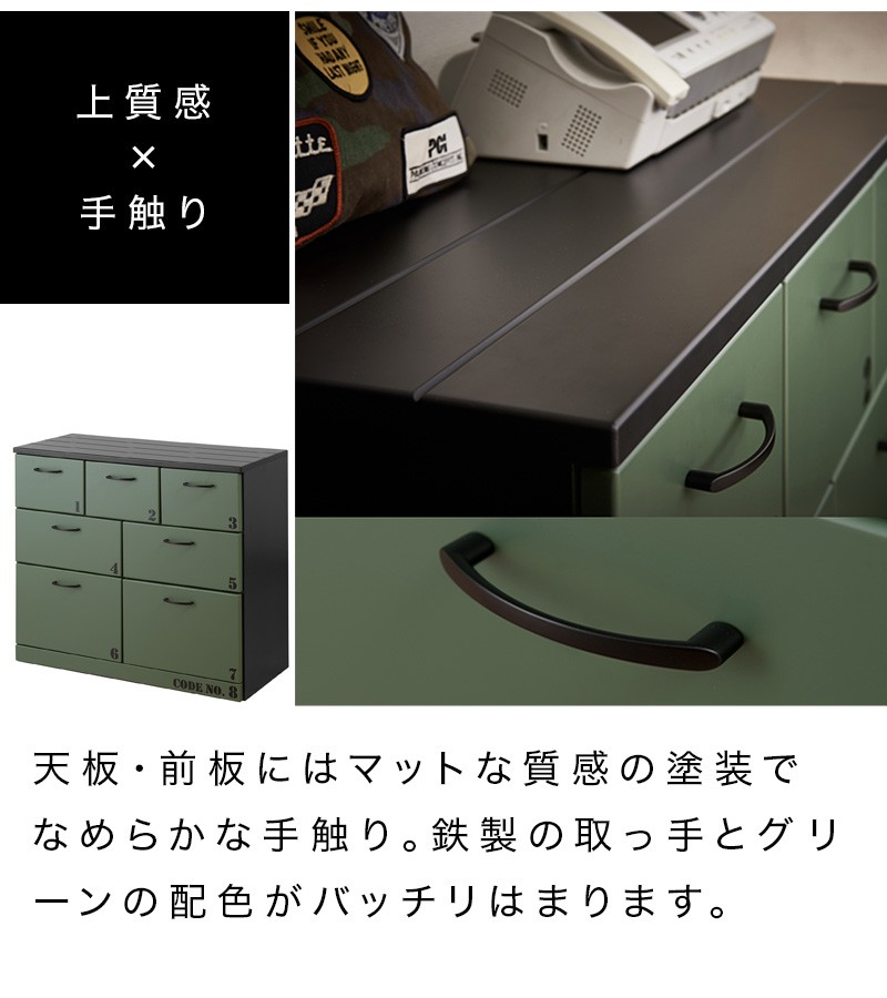日本製 完成品 ミリタリーチェスト ワイド 幅90 引出し 7杯 男前