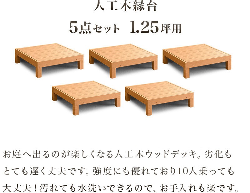【即購入NG】ウッドデッキ 人工木 縁台 0.25坪 1台 縁台 5点セット 1.25坪 人工木材 ロータイプ 樹脂 屋外 頑丈 デッキ